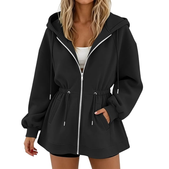 Mifsaly Oversized Zip Up Hoodie Women Cinched Waist Hooded Sweatshirt Lightweight Casual Long Sleeve Athletic Jacket with Drawstring and Pockets Black,S