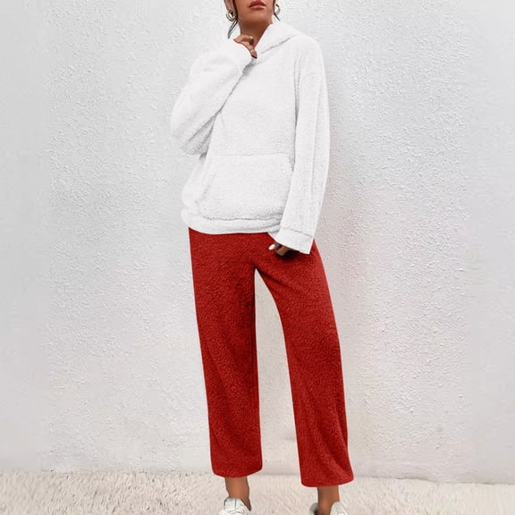 Mifsaly Pajama Sets for Women 2 Piece Fuzzy Fleece Hooded Sleepwear Warm Winter Pjs with Pockets Long Sleeve Plus Size Nightwear Thermal Soft Cozy Pants 2025 Going Out Daily Loungewear