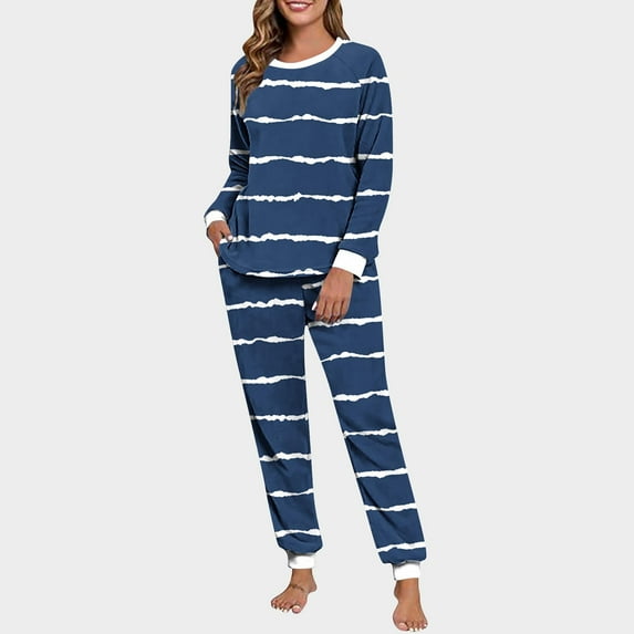 Mifsaly Pajama Sets for Women 2 Piece Striped Double Fleece Warm Homewear Outfits Loose Long Sleece Crewneck Sleepwear Baggy Cozy Nightwear High Waist Thermal Pants Pjs with Pockets Loungewear
