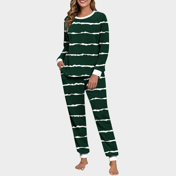 Mifsaly Pajama Sets for Women 2 Piece Striped Double Fleece Warm Homewear Outfits Loose Long Sleece Crewneck Sleepwear Baggy Cozy Nightwear High Waist Thermal Pants Pjs with Pockets Loungewear