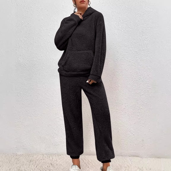 Mifsaly Pajama Sets for Women Fleece Warm Winter Pjs 2 Piece Soft Cozy Long Sleeve Hooded Sleepwear Fuzzy Loose Nightwear Thermal Casual Pants Plus Size Trendy Going Out Loungewear Homewear