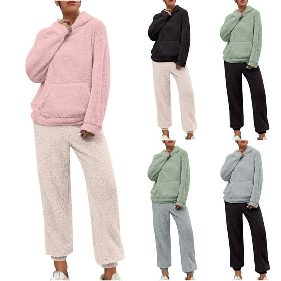 Mifsaly Pajama Sets for Women Fleece Winter Pjs Lounge 2 Piece Hooded Long Sleeve Sleepwear Soft Cozy Warm Nightwear Elastic Waist Loose Pants Thermal Homewear Loungewear