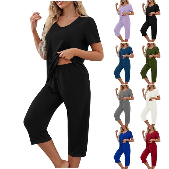 Mifsaly Pajama Sets for Women 2 Piece V-Neck Short Sleeve Sleepwear & Capri Sleep Pants Comfortable Breathable Home Summer Matching Lounge Set XXL