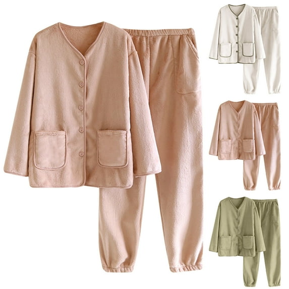 Mifsaly Pajamas for Women Set Winter Fleece 2 Piece Winter Pjs V-Neck Button Down Sleepwear Long Sleeve Warm Loose Nightwear Elastic Waist Casual Pants with Pockets Soft Cozy Homewear