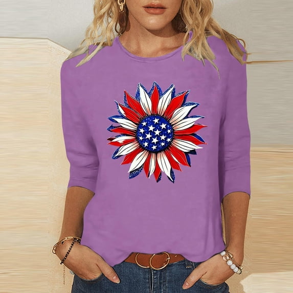 Mifsaly Patriotic 3/4 Sleeve Tops for Women American Flag Sunflower Graphic Shirt Casual Summer Independence Day T-Shirt 2026 M