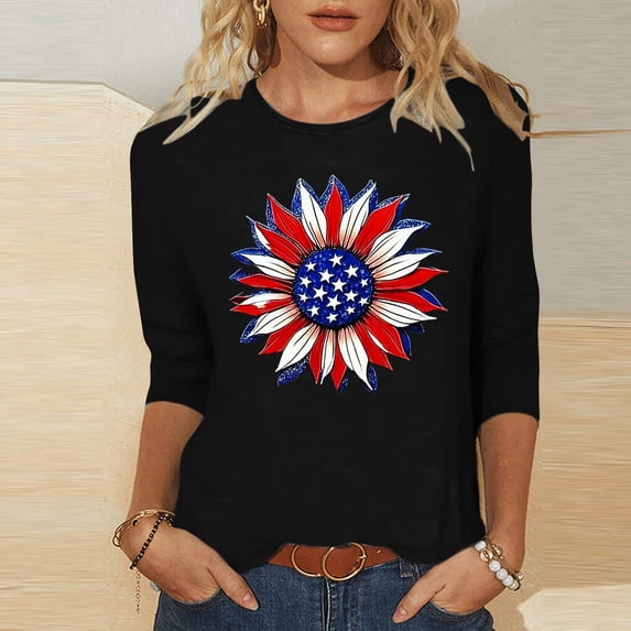 Mifsaly Patriotic 3/4 Sleeve Tops for Women American Flag Sunflower Graphic Shirt Casual Summer Independence Day T-Shirt 2026 M