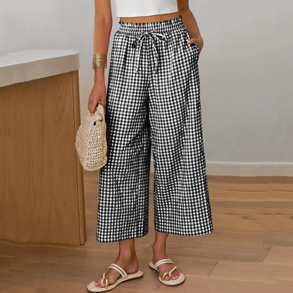 Mifsaly Plaid Crop Pants for Women Drawstring Elastic Waist Wide Leg Capris Lightweight Flowy Beach Vacation Casual Wear Outfits 2026 Dark Gray,L