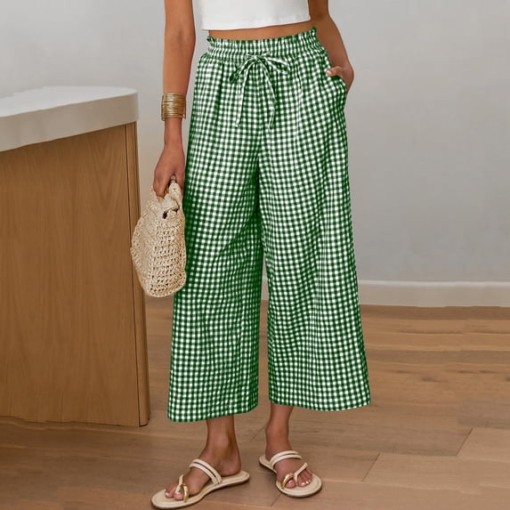 Mifsaly Plaid Crop Pants for Women Drawstring Elastic Waist Wide Leg Capris Lightweight Flowy Beach Vacation Casual Wear Outfits 2026 Green,XL