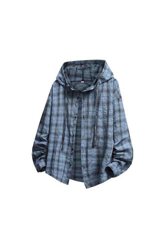 Plaid Hooded Shirt for Men Lightweight Sun Protection Long Sleeve Button Down Shirts Breathable Loose Casual Outdoor Hiking Fishing Hoodie XXL