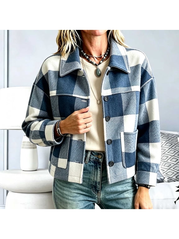 Plaid Shacket Jacket Women Button Down Long Sleeve Oversized Shirt Coat with Pockets Casual Cropped Flannel Outerwear for Fall Winter Layering Everyday