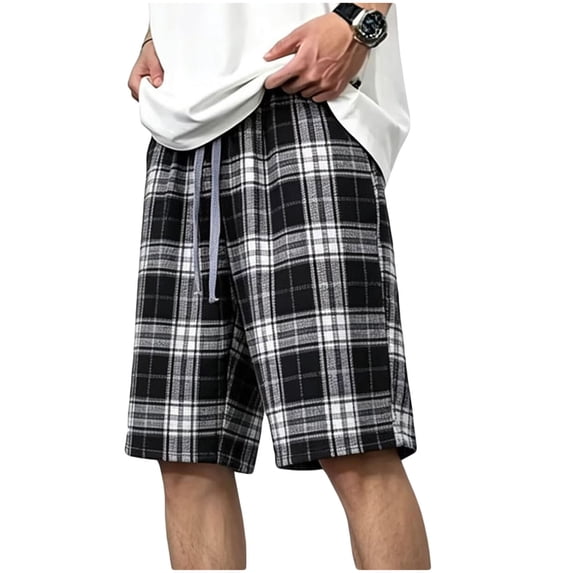Mifsaly Plaid Shorts Men Elastic Waist Drawstring Casual Summer Shorts Relaxed Fit Soft Breathable Lounge Wear Bermudas Shorts with Pockets Black,S