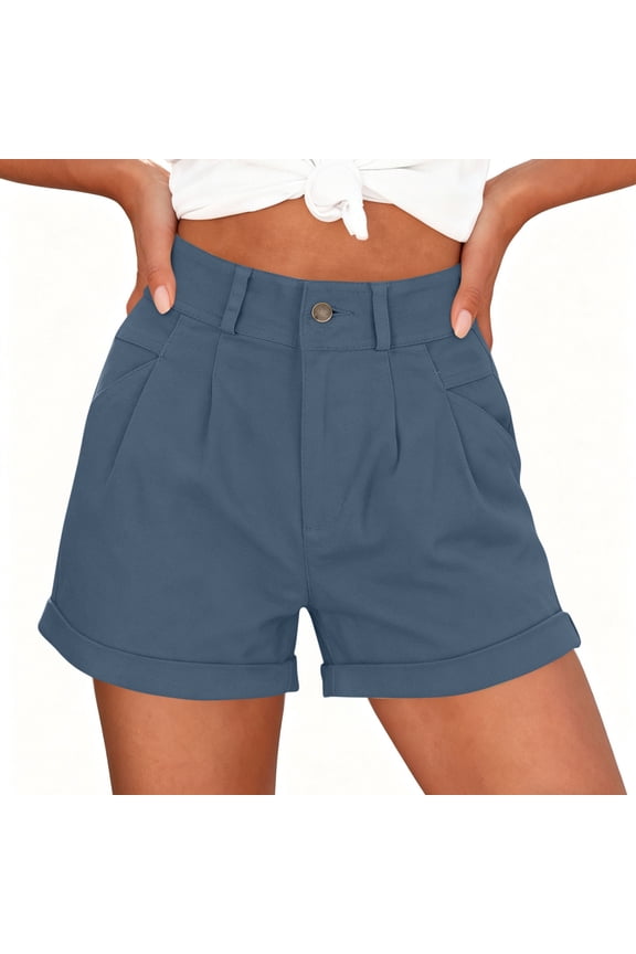 Pleated Shorts Women Cuffed Hem Casual Summer Shorts Relaxed It Shorts Dressy Lounge Bottoms with Pockets Blue,S