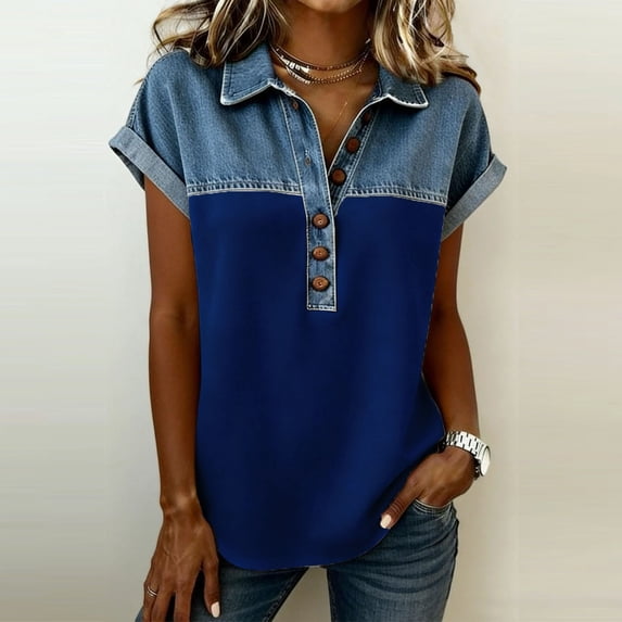 Mifsaly Plus Size Button Down Henley Shirts for Women Denim Patchwork Short Sleeve Blouses Collared Dressy Casual Loose Fit Summer Shirt 2026 XXXL