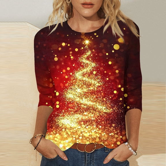 Mifsaly Plus Size Christmas Shirts for Women 3/4 Sleeve Loose T-Shirts Merry Xmas Tree Print Crewneck Tops Pullover Family Party Funny Blouse 2025 Holiday