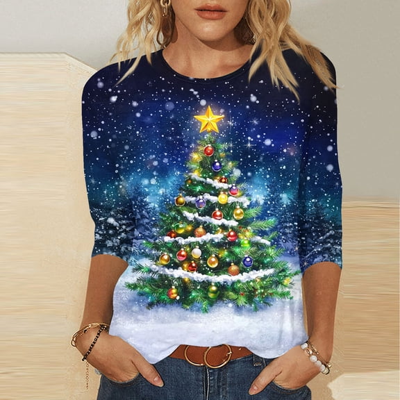 Mifsaly Plus Size Christmas Shirts for Women 3/4 Sleeve Loose T-Shirts Merry Xmas Tree Print Crewneck Tops Pullover Family Party Funny Blouse 2025 Holiday