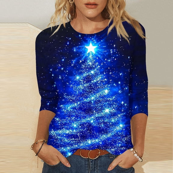 Mifsaly Plus Size Christmas Shirts for Women 3/4 Sleeve Loose T-Shirts Merry Xmas Tree Print Crewneck Tops Pullover Family Party Funny Blouse 2025 Holiday