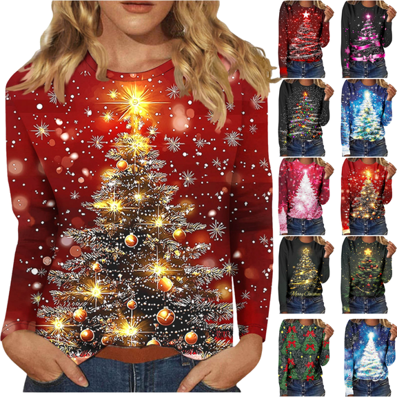 Mifsaly Plus Size Christmas Shirts Women Long Sleeve Crewneck Loose Tops Pullover Xmas Tree Graphic Funny Blouse Festival Party Fashion T-Shirts 2025 Holiday Gifts