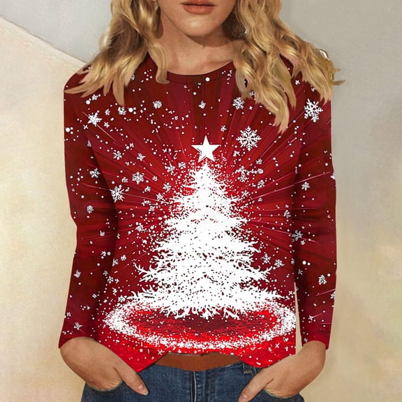 Mifsaly Plus Size Christmas Shirts for Women Long Sleeve Xmas T-Shirt Snowflake Printed Crewneck Tops Pullover Loose Fit Funny Blouse Festival Party Outfits Sweatshirt