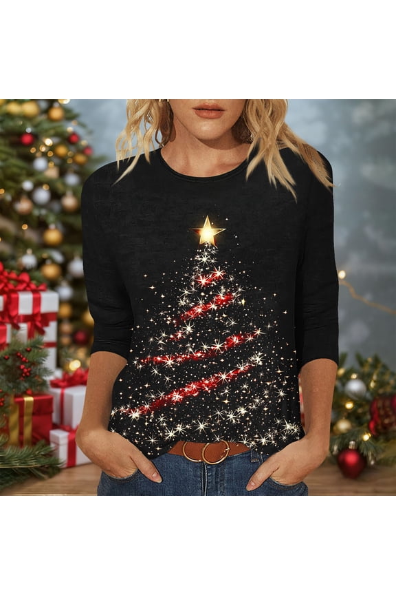 Plus Size Christmas Shirts Women Xmas Trees 3/4 Sleeve Pullover Tops Sweater Loose Fit Crewneck Blouse Season Festival Party T-Shirts 2025 Holiday Fashion Clothing