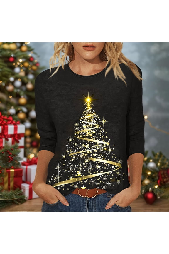 Plus Size Christmas Shirts Women Xmas Trees 3/4 Sleeve Pullover Tops Sweater Loose Fit Crewneck Blouse Season Festival Party T-Shirts 2025 Holiday Fashion Clothing