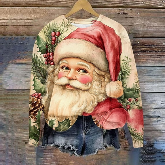 Mifsaly Plus Size Christmas Sweatshirts for Women Oversized Xmas Santa Print Vintage Pullover Tops Long Sleeve Crewneck Loose Shirts Merry and Bright Festival Party Blouse 2025 Holiday Funny Gifts