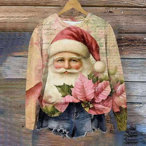 Mifsaly Plus Size Christmas Sweatshirts for Women Oversized Xmas Santa Print Vintage Pullover Tops Long Sleeve Crewneck Loose Shirts Merry and Bright Festival Party Blouse 2025 Holiday Funny Gifts