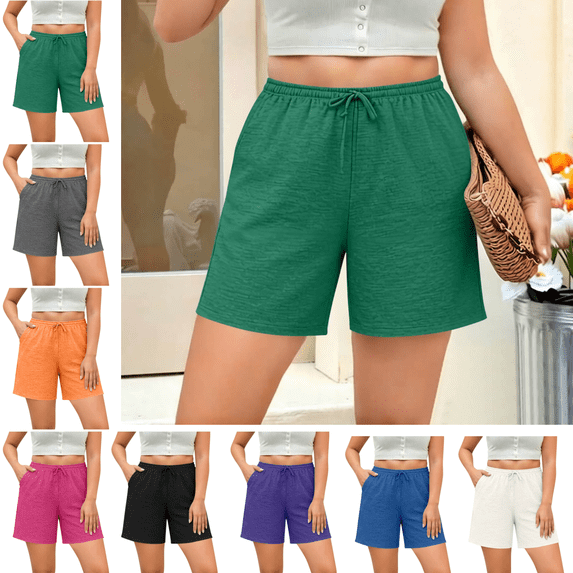 Mifsaly Plus Size Cotton Workout Shorts Women High Waisted Drawstring Summer Casual Shorts with Pockets Comfortable Relaxed Fit Lounge Outfits Green,XL