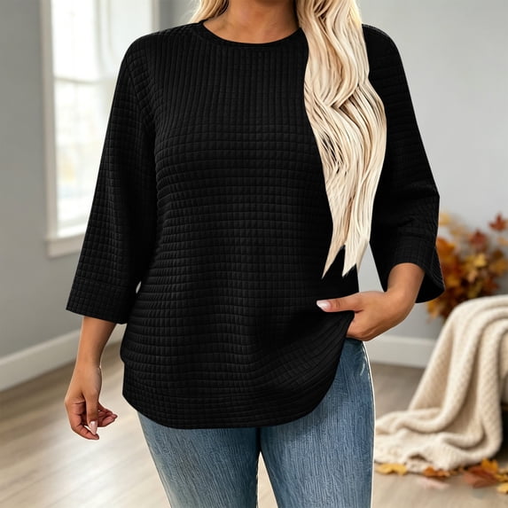 Mifsaly Plus Size Crewneck Sweatshirts Women Waffle Textured 3/4 Sleeve Pullover Sweatshirt Black,XXL