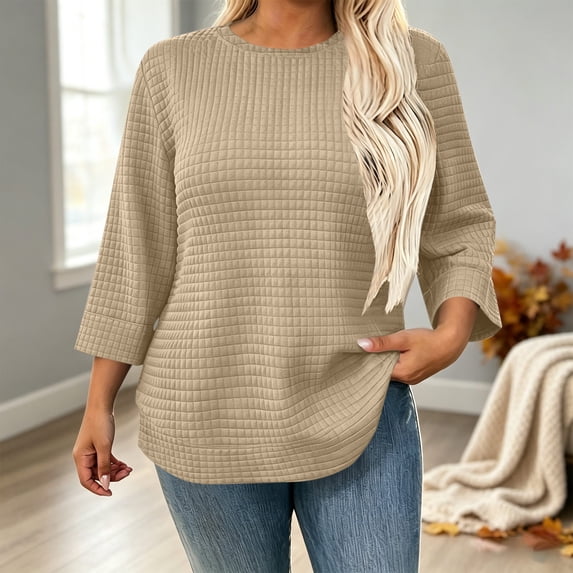 Mifsaly Plus Size Crewneck Sweatshirts Women Waffle Textured 3/4 Sleeve Pullover Sweatshirt Khaki,XXXL