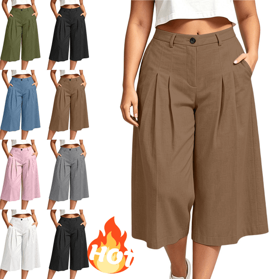 Mifsaly Plus Size Cropped Linen Pants Women Pleated Front High Waist Capris Lightweight Flowy Everyday Casual Work Office Bottoms with Pockets Brown,L