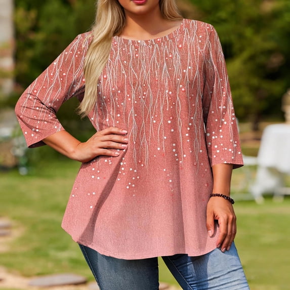 Mifsaly Plus Size Floral Print Tunic Top Women A-Line Flowy Summer Blouse 3/4 Sleeve Scoop Neck Casual Cotton Shirt Loose Fit Flare Hem Soft Stretchy Daily Vacation Fashion Top XXXXXL