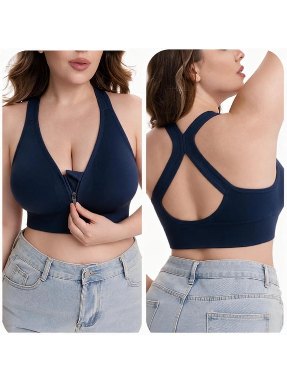 Plus Size Front Closure Bra for Women Wireless Sports Bralette with Zipper Wide Straps Full Coverage Support Comfort Bras Workout Underwear