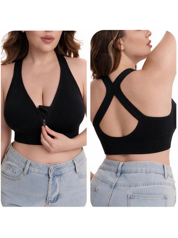 Plus Size Front Closure Bra for Women Wireless Sports Bralette with Zipper Wide Straps Full Coverage Support Comfort Bras Workout Underwear