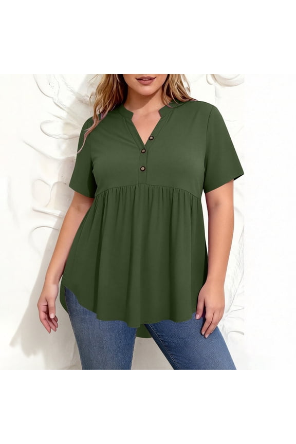 Plus Size Henley V Neck Short Sleeve Tops Women Summer Casual Pleated Work Blouses Oversized Flowy Peplum Shirts 2026 XL