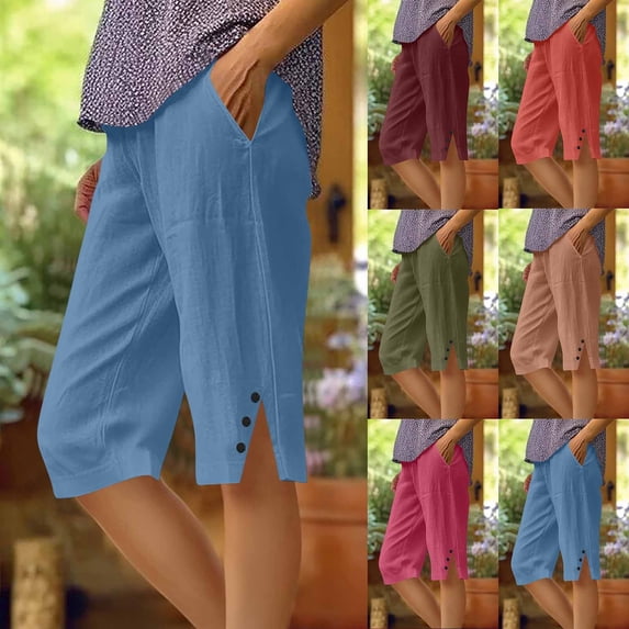 Mifsaly Plus Size Linen Capris for Women Casual Summer Cropped Trousers Knee Length Side Button Lightweight Lounge Capri Pants with Pockets L