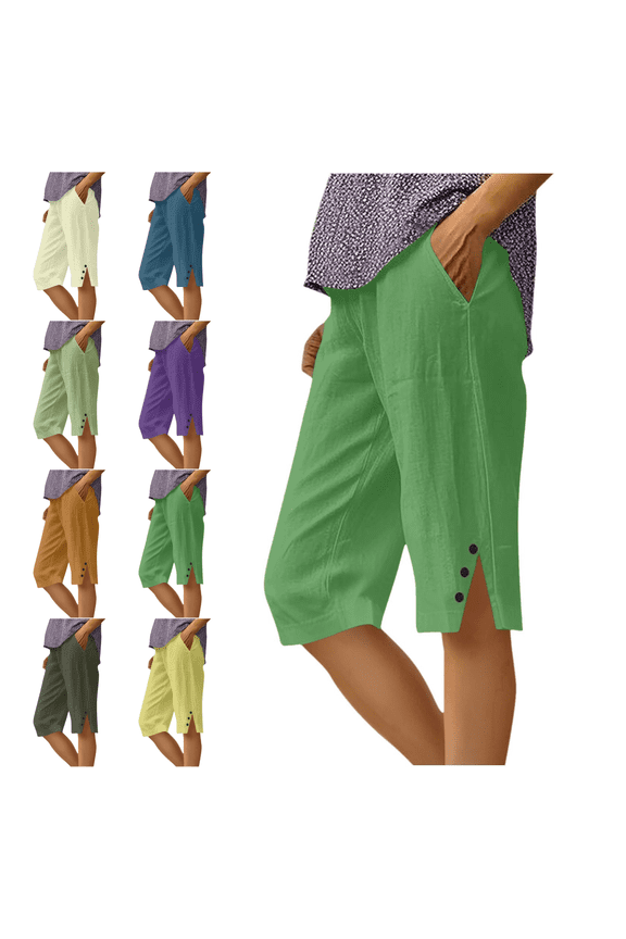 Plus Size Linen Capris for Women Casual Summer Cropped Trousers Knee Length Side Button Lightweight Lounge Capri Pants with Pockets XXL