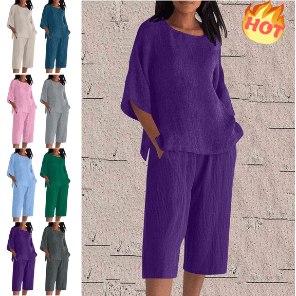 Mifsaly Plus Size Linen Sets for Women 2 Piece Casual Travel Matching Outfits 3/4 Sleeve Oversized Pullover Shirts Loose Wide Leg Capris Pants with Pockets Beach Work Loungewear