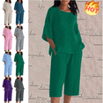 thumbnail image 1 of Mifsaly Plus Size Linen Sets for Women 2 Piece Casual Travel Matching Outfits 3/4 Sleeve Oversized Pullover Shirts Loose Wide Leg Capris Pants with Pockets Beach Work Loungewear, 1 of 5