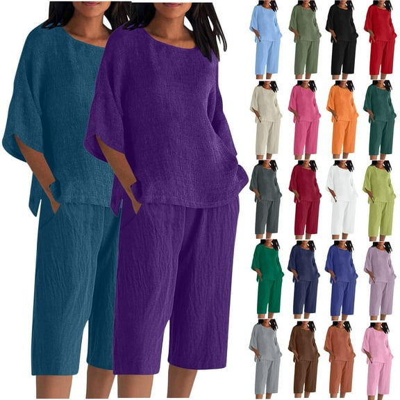 Mifsaly Plus Size Linen Sets for Women 2 Piece Casual Travel Matching Outfits 3/4 Sleeve Oversized Pullover Shirts Loose Wide Leg Capris Pants with Pockets Beach Work Loungewear