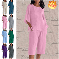 thumbnail image 1 of Mifsaly Plus Size Linen Sets for Women 2 Piece Casual Travel Matching Outfits 3/4 Sleeve Oversized Pullover Shirts Loose Wide Leg Capris Pants with Pockets Beach Work Loungewear, 1 of 5