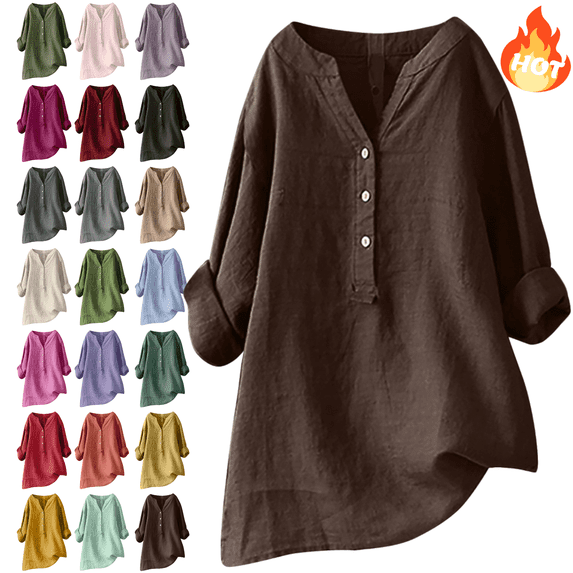 Mifsaly Plus Size Linen Tops for Women V-Neck Half Buttons Blouse Beach Travel Oversized Shirts Loose Breathable Dressy Casual T-Shirts Spring Summer Vacation Outfits Brown M
