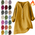thumbnail image 1 of Mifsaly Plus Size Linen Tops for Women V-Neck Half Buttons Blouse Beach Travel Oversized Shirts Loose Breathable Dressy Casual T-Shirts Spring Summer Vacation Outfits Yellow L, 1 of 6