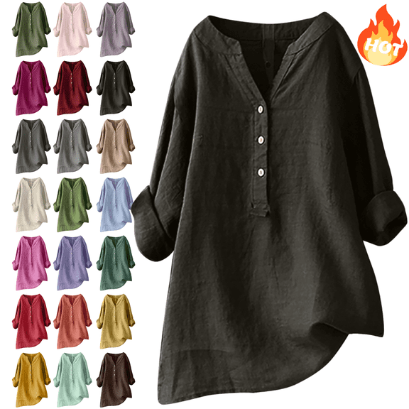 Mifsaly Plus Size Linen Tops for Women V-Neck Half Buttons Blouse Beach Travel Oversized Shirts Loose Breathable Dressy Casual T-Shirts Spring Summer Vacation Outfits Gray XXL