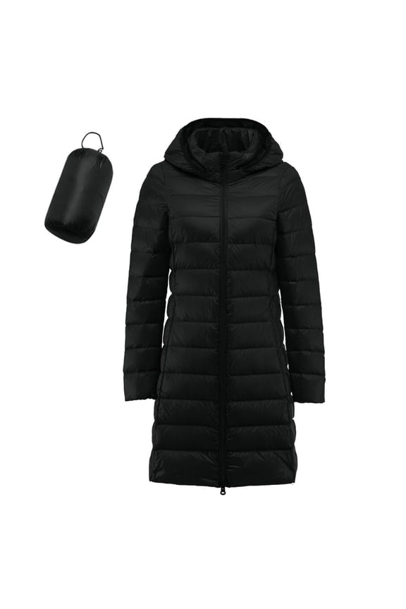 Plus Size Long Puffer Jacket Womens Two-Way Zipper Lightweight Packable Winter Outerwear Hooded Long Sleeve Warm Quilted Jackets Soild Color Fashion Thermal Padded Coats with Pockets