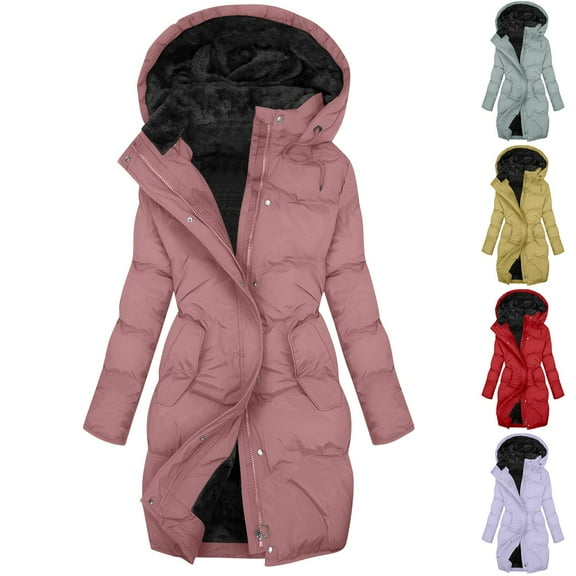 Mifsaly Plus Size Long Quilted Jacket Women Waterproof Zip up Hooded Padded Coats Fleece Lined Long Sleeve Thermal Down Jackets Thicken Warm Winter Outerwear with Pockets 2025 Trendy Parka Outfits