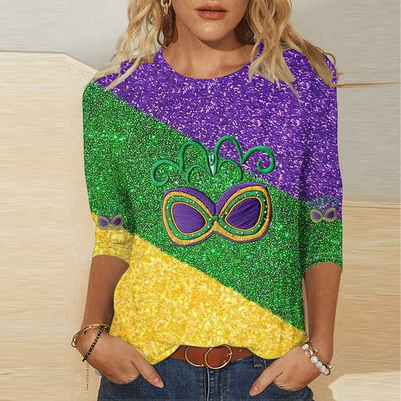 Mifsaly Plus Size Mardi Gras Shirts for Women 3/4 Sleeve Sequin Print Tops Carnival Mask Graphic Color Block Funny Party Glitter T-Shirts Festival Casual Loose Fit Shirts XXL