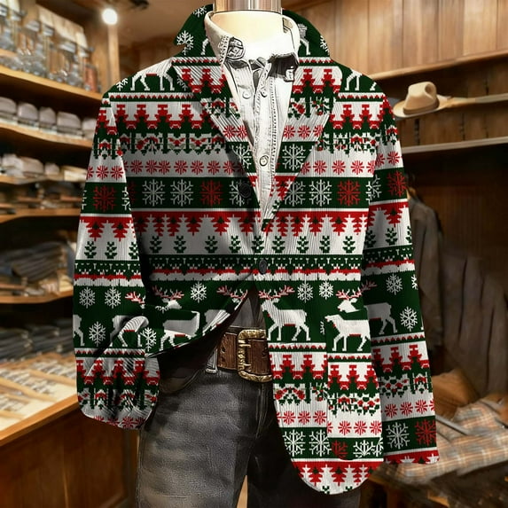 Mifsaly Plus Size Mens Christmas Blazer Jacket Corduroy Sport Coats 2025 Button Down Lapel Suit Jackets Xmas Santa Trees Snowflake Winter Coat Dinner Festival Party Outerwear with Pockets