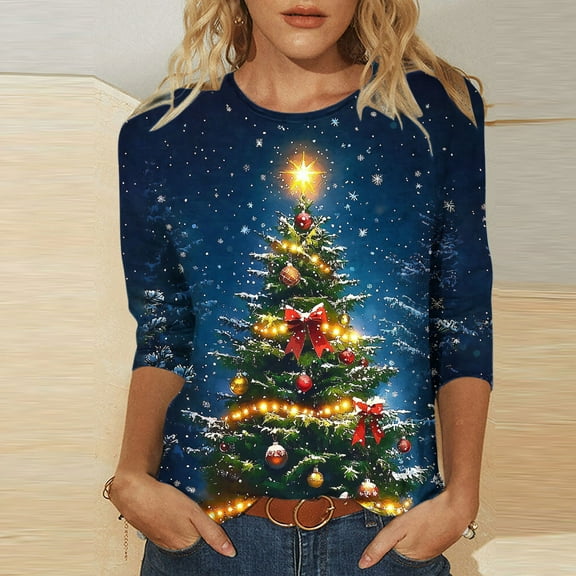 Mifsaly Plus Size Merry Christmas Santa T-Shirt Women 3/4 Sleeve Holiday Shirts Xmas Festival Tops Crewneck Loose Casual Pullover Vacation Party Blouse Gifts
