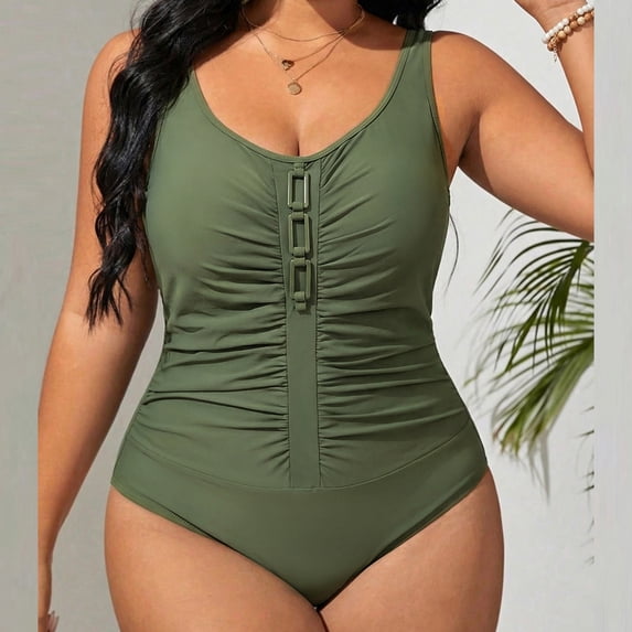 Mifsaly Plus Size One Piece Swimsuit Women Tummy Control Ruched Bathing Suit Buckle Detail Slim Fit Swimwear Flattering Full Coverage Monokini XXL