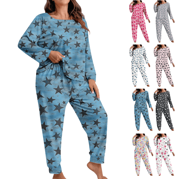 Mifsaly Plus Size Pajama Set Women Casual 2 Piece Pjs Oversized Cute Print Loungewear Crewneck Long Sleeve Loose Sleepwear Pullover Nightwear High Pants Baggy Pants 2025 Cozy Matching Outfits
